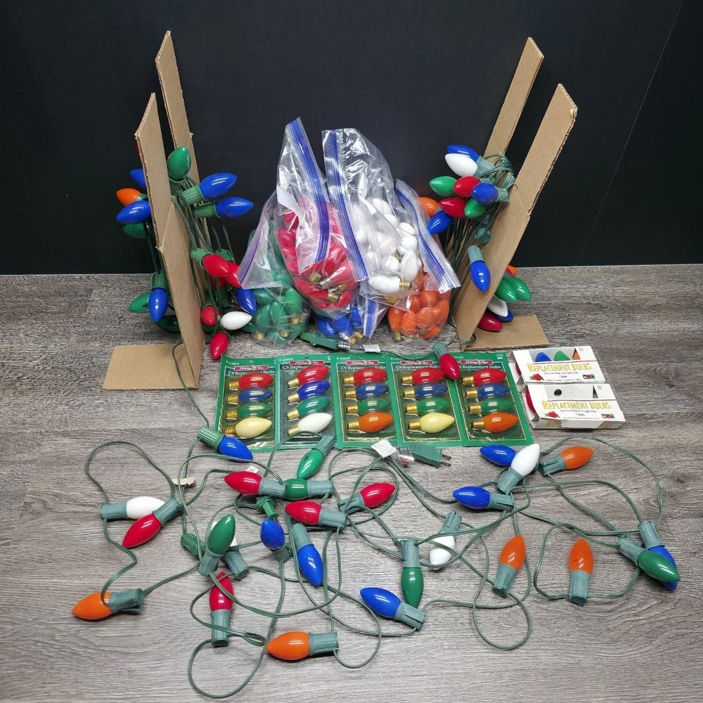(3) Vintage C9 Christmas Lights 3 Strings 25' X 25 Bulbs W/‎ 150+ Spare C9 Bulbs